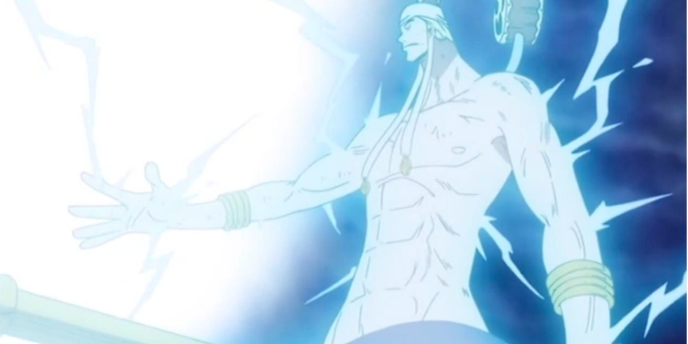 One Piece's Enel transforming his body into lightning with One Piece's Rumble-Rumble Fruit