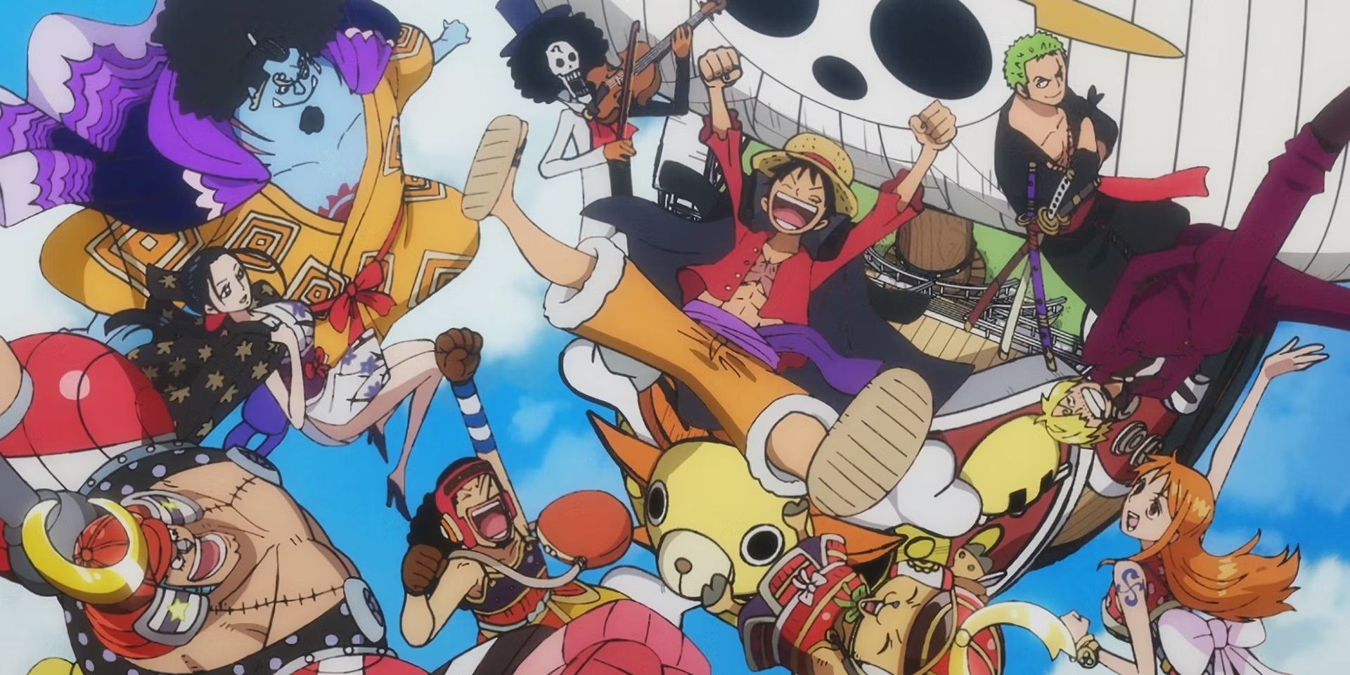 Luffy and the rest of the Straw Hat Pirates having fun in a One Piece opening