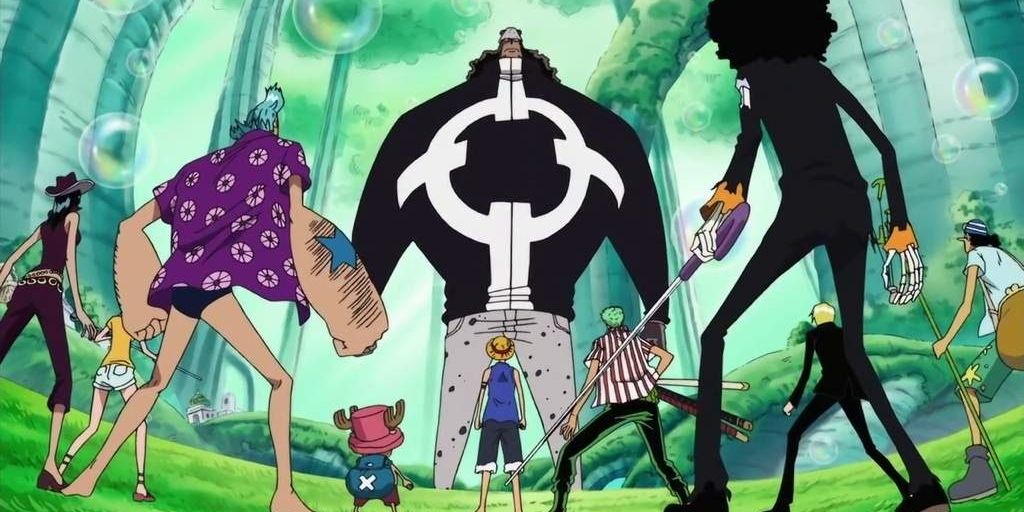 The Straw Hats take on a Pacifista in One Piece.