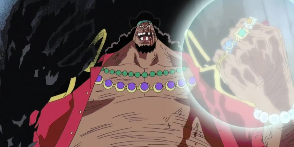 Blackbeard wielding the powers of his two Devil Fruits.