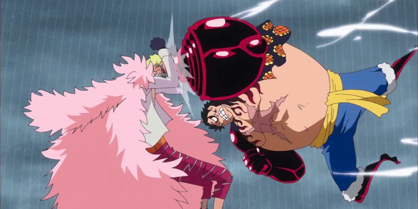 Luffy turns Gear 4 for the first time in a fight against Doflamingo in One Piece.