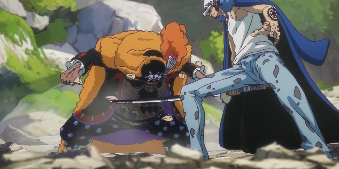 Trafalgar D. Water Law facing Blackbeard on Winner Island in One Piece