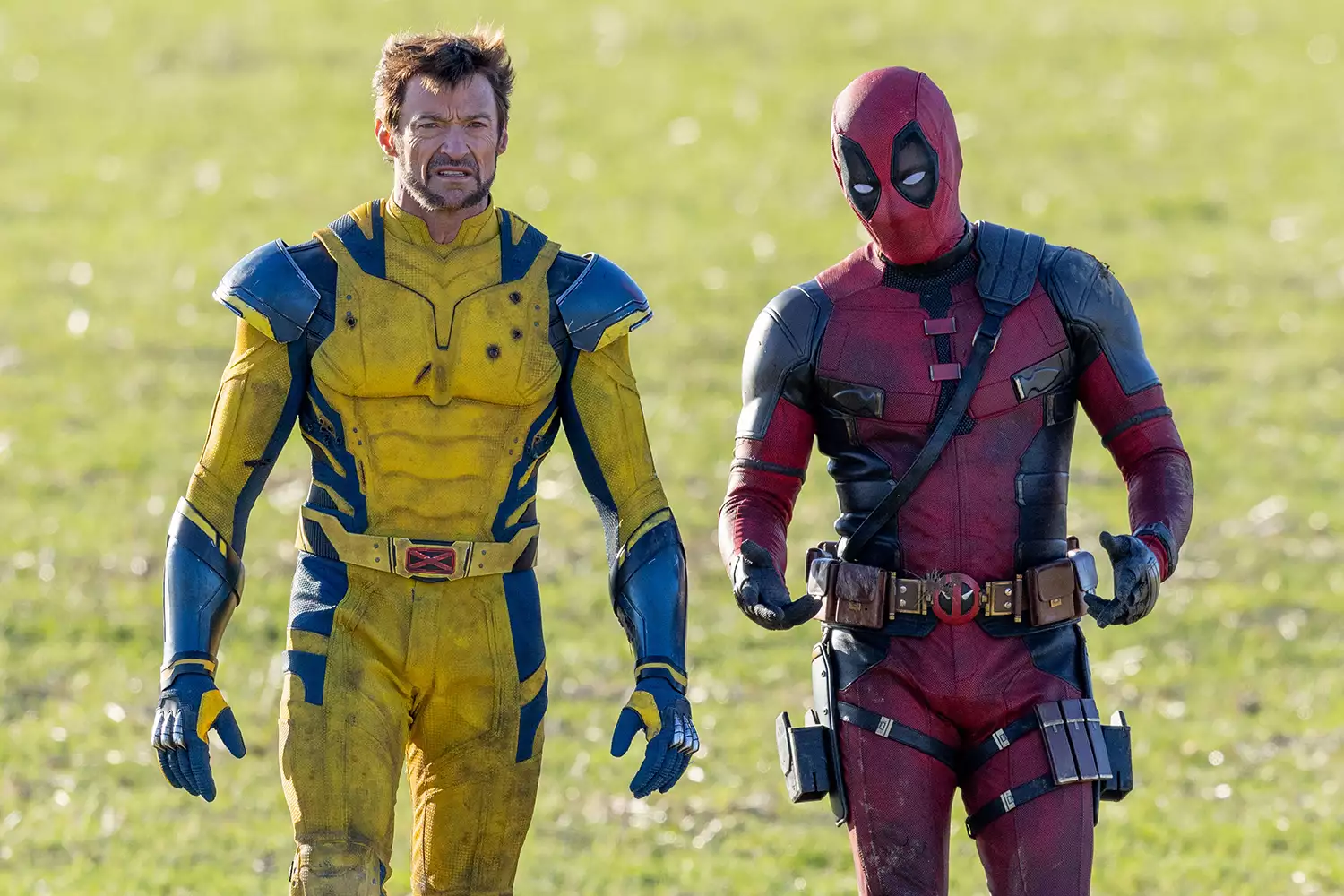 Hugh Jackman,Ryan Reynolds - EXCLUSIVE: Deadpool is seen jumping on Wolverine's back as the Marvel duo prove they are the best of frenemies during a scene shot in the south of England.