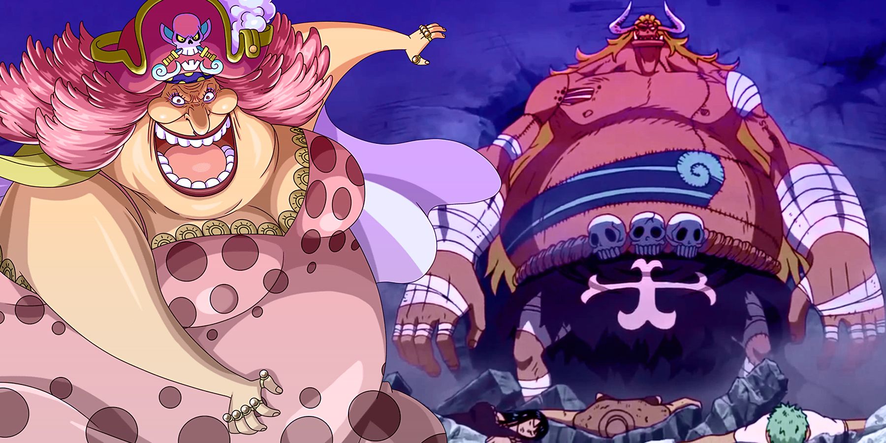 On the left, Big Mom smiles maliciously. On the right, Oars towers over batlle-fallen Robin, Chopper and Zoro.