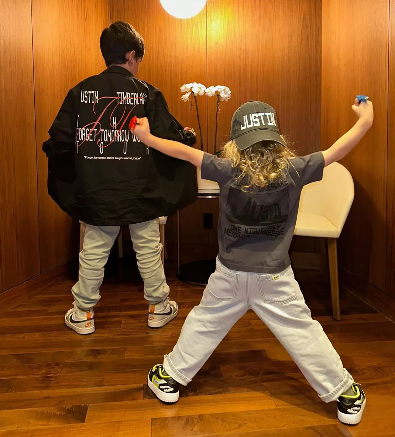 Justin Timberlake and Jessica Biel's Sons Silas in Justin Timberlake Jacket and Phineas Posing With His Arms Out to the Side 