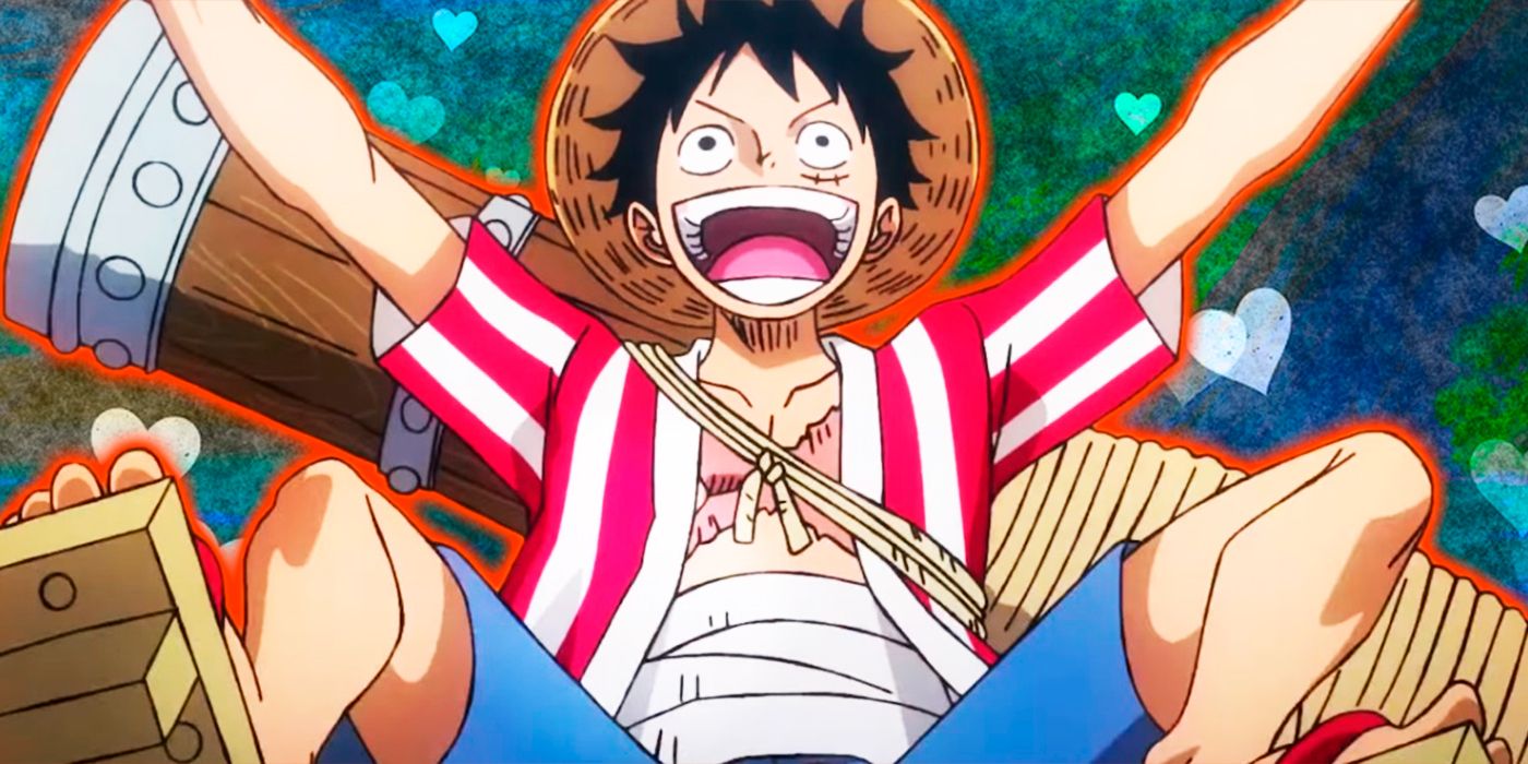 Monkey D. Luffy laughing and jumping in the One Piece anime