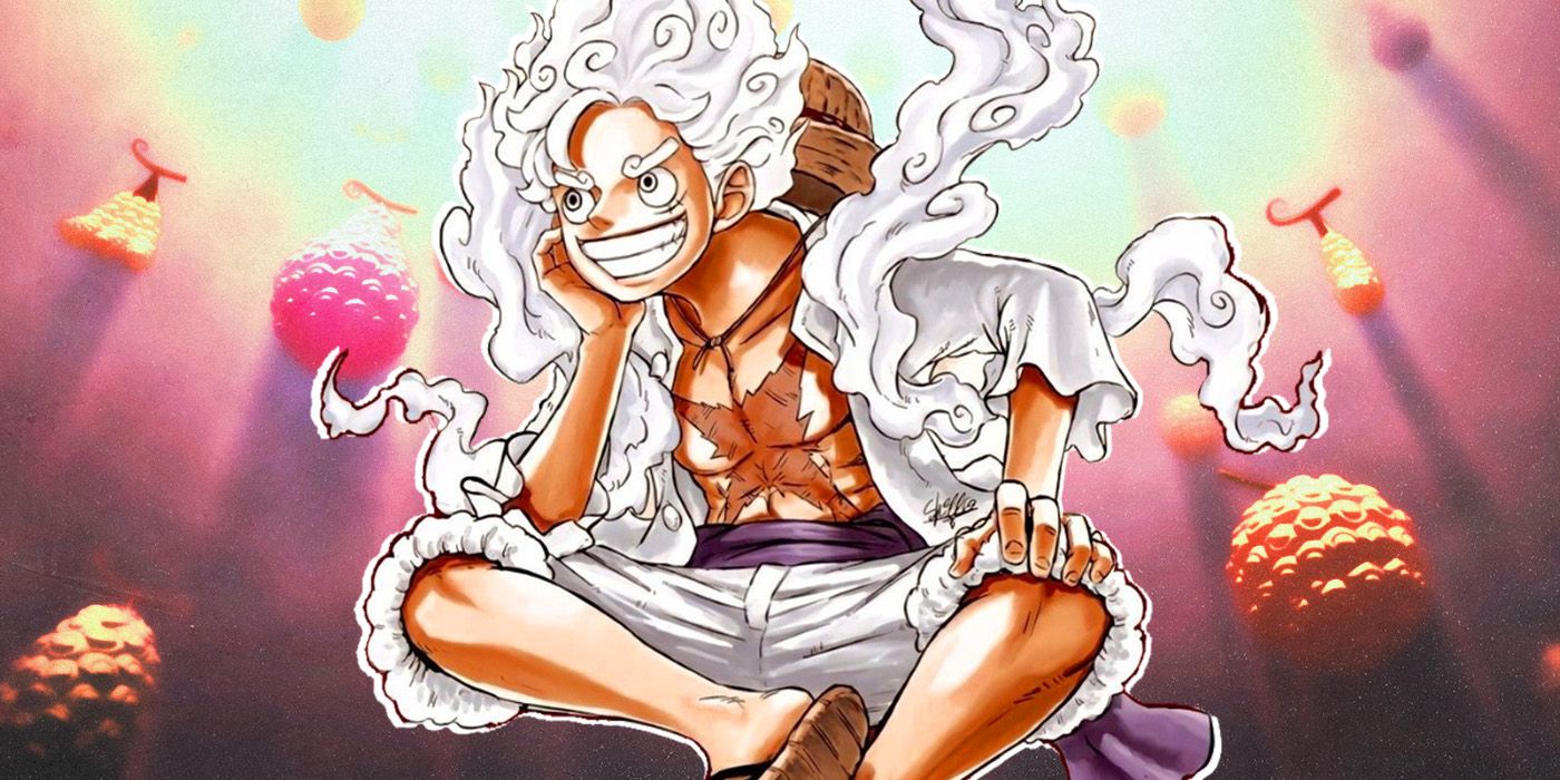 Gear 5 Luffy sitting in front of devil fruit