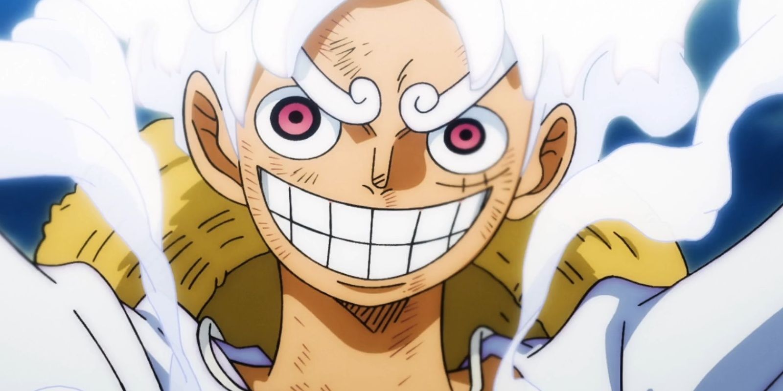 Luffy smiles after transforming into his Gear 5 state in One Piece