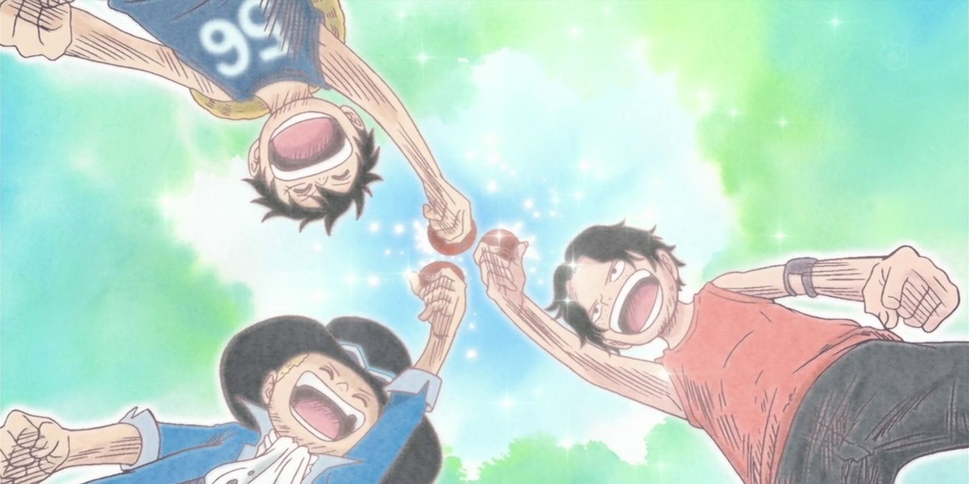 Monkey D Luffy, Portgas D Ace, and Sabo drink sake together in One Piece.