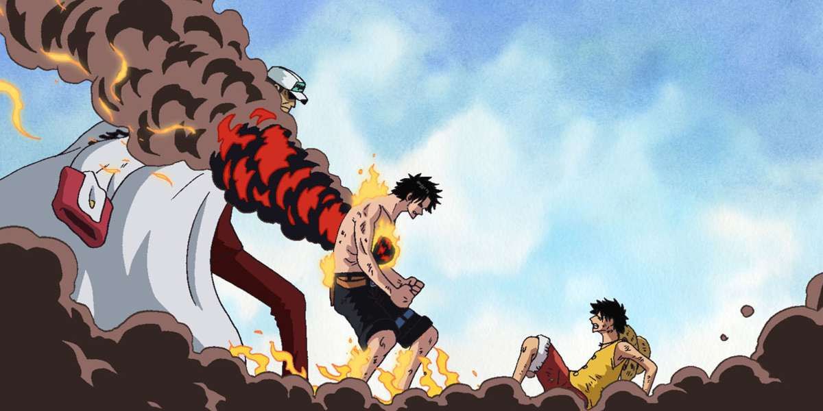 Portgas D. Ace saves Luffy from Akainu in the One Piece anime.