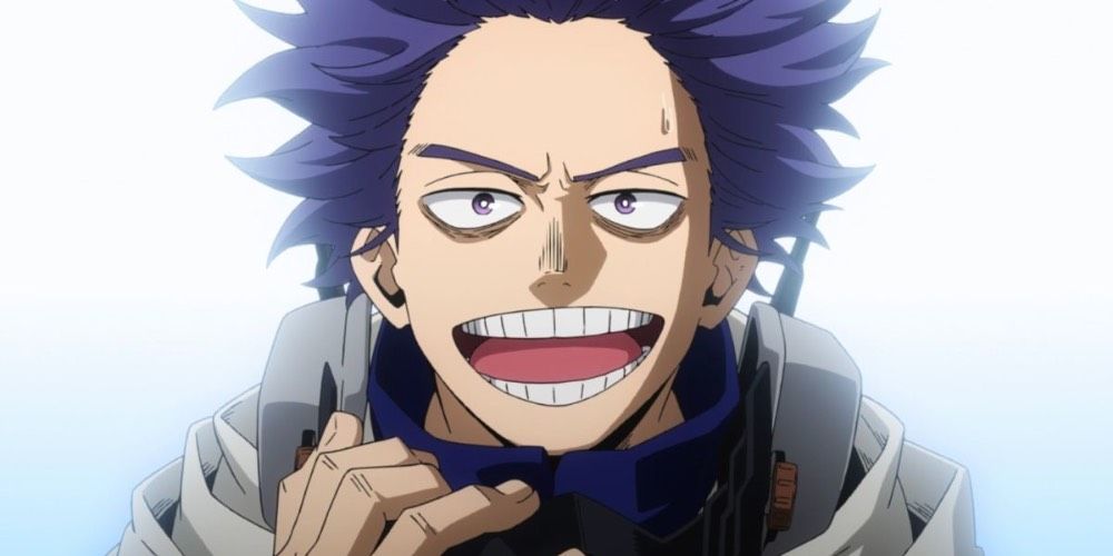 Hitoshi Shinso smiling while provoking Deku in My Hero Academia.