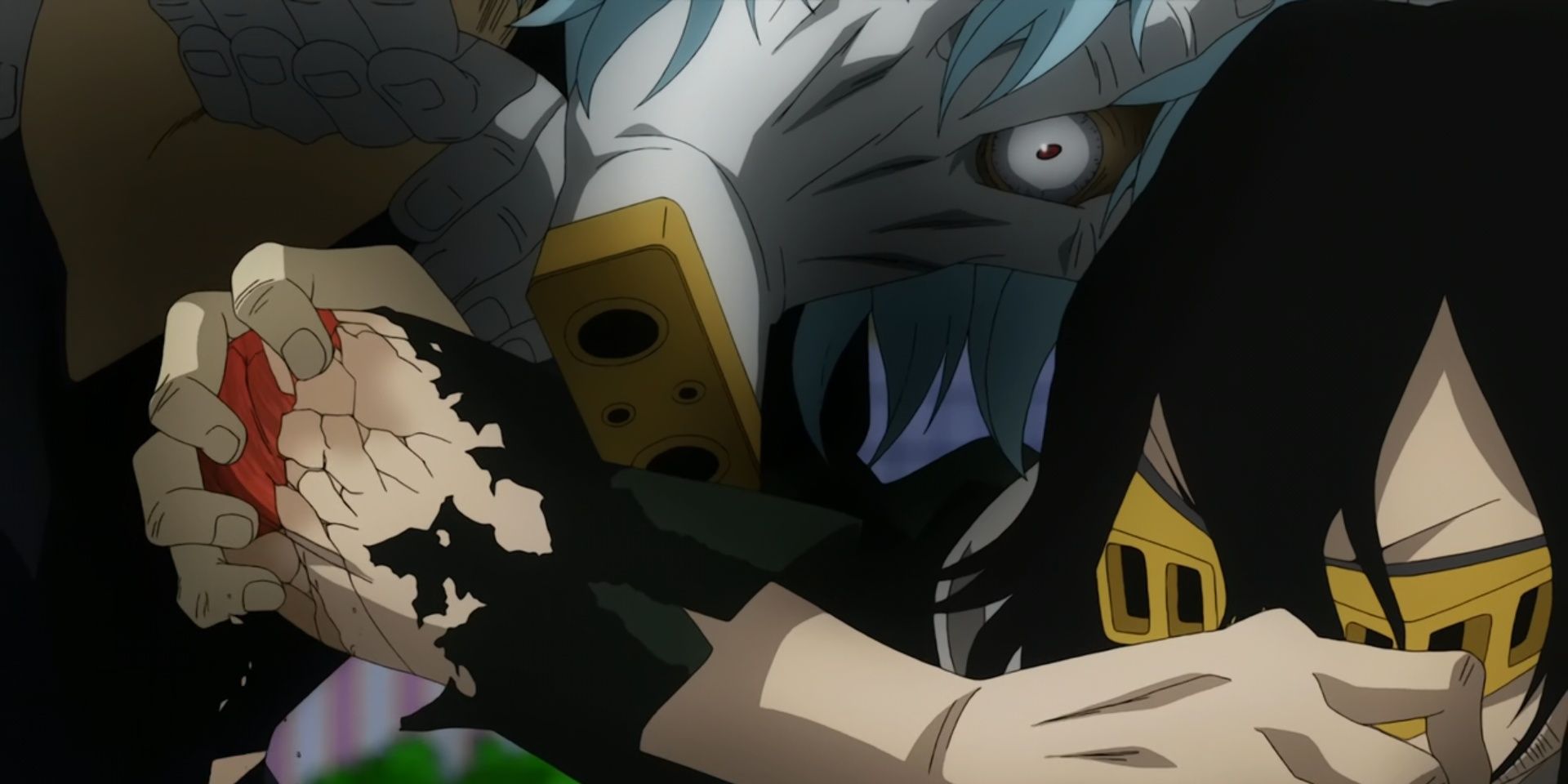 Villain Tomura Shigaraki using his Quirk, Decay, on Pro Hero Eraserhead's elbow in My Hero Academia.