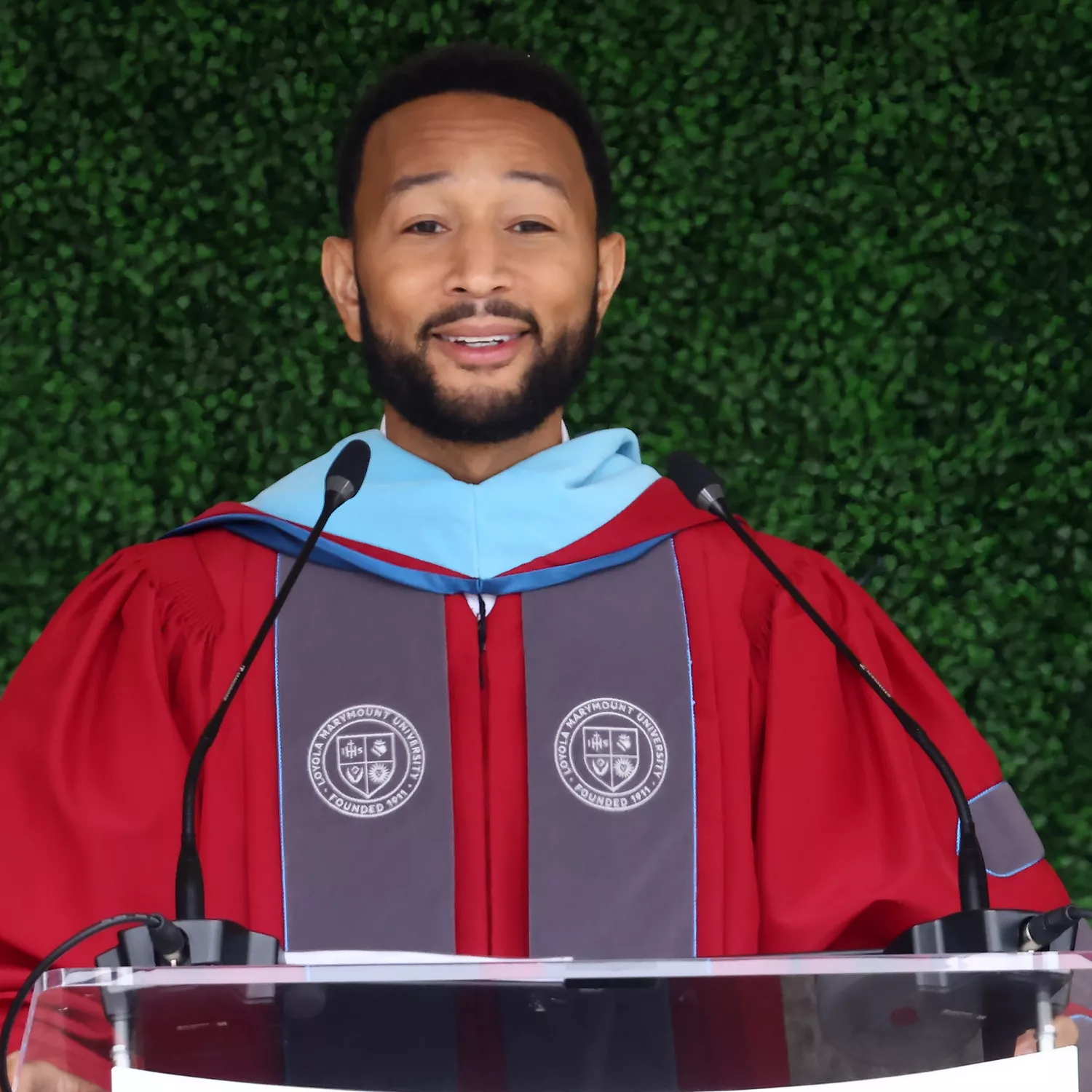 LOS ANGELES, CALIFORNIA - MAY 04: John Legend is seen delivering a speech at Loyola Marymount University