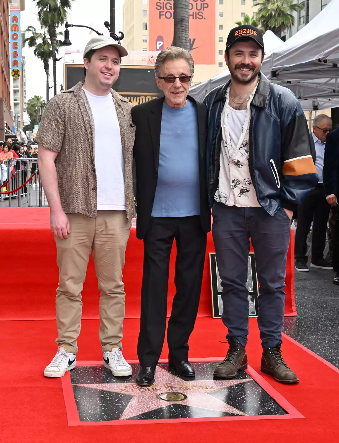 Frankie Valli (C) and his sons Brando Valli (L) and Emilio Valli (R) attend the Hollywood Walk of Fame Star ceremony for Frankie Valli 