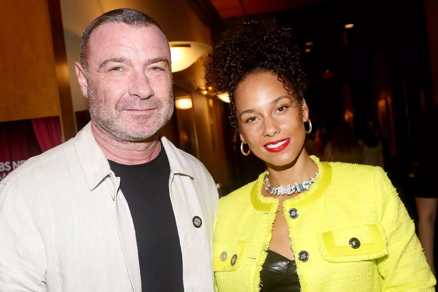 Liev Schreiber and Alicia Keys pose during the 2024 Meet The Tony Awards Nominees at Sofitel New York on 