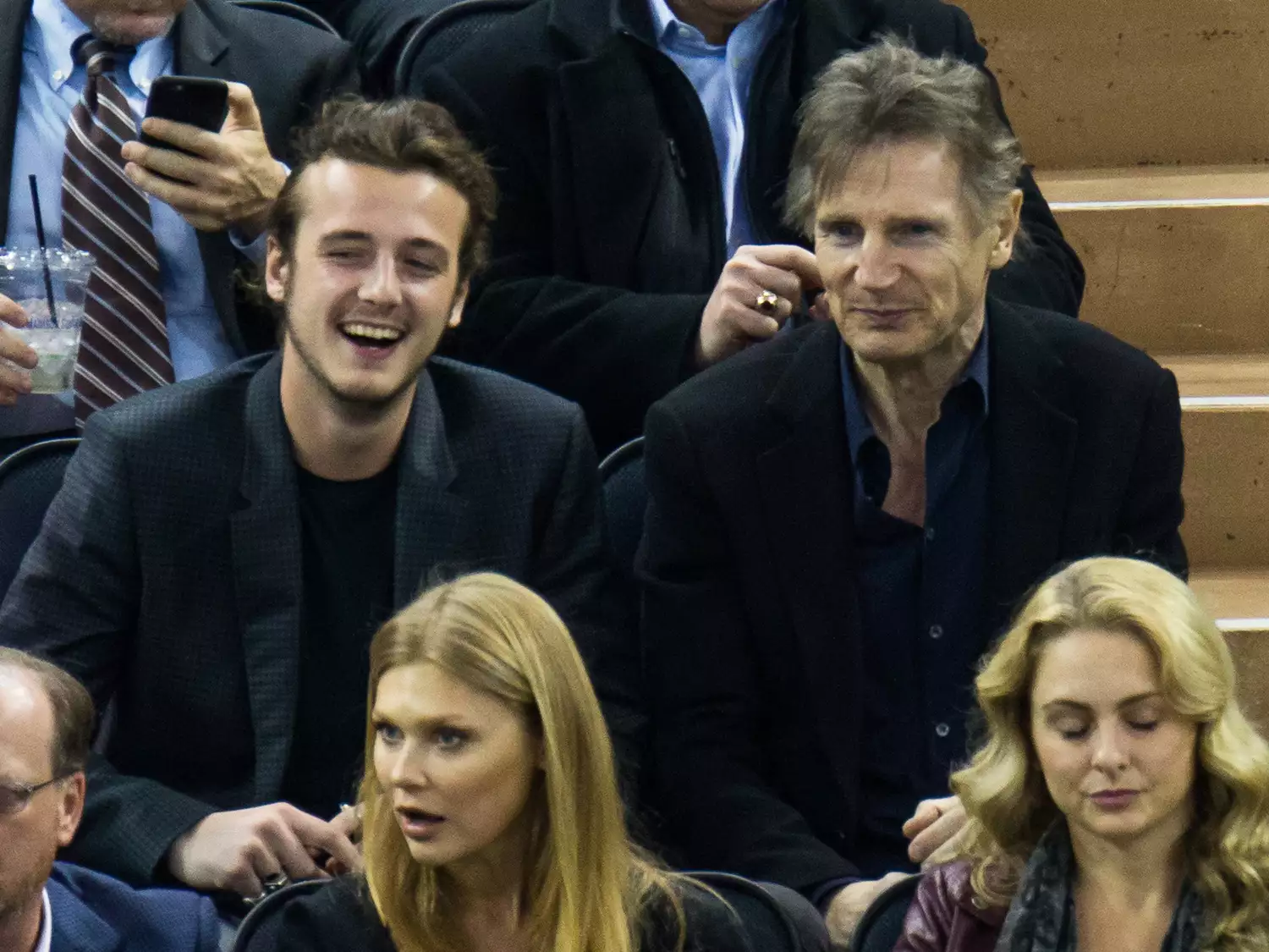 Liam Neeson and Micheal Neeson attend New York Rangers Vs. Boston Bruins game at Madison Square Garden on March 23, 2016.