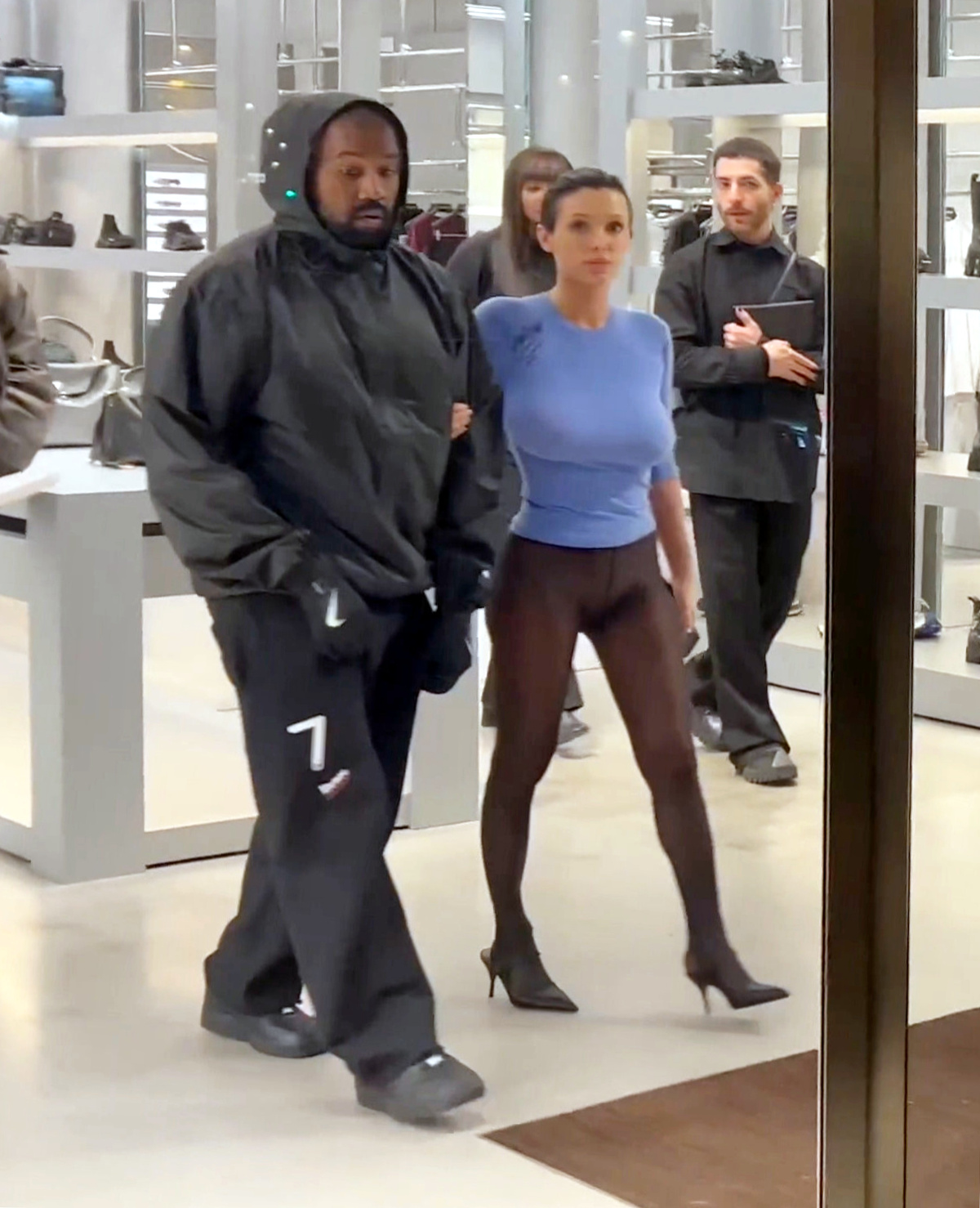 Bianca pictured wearing similar tights in February with Kanye West