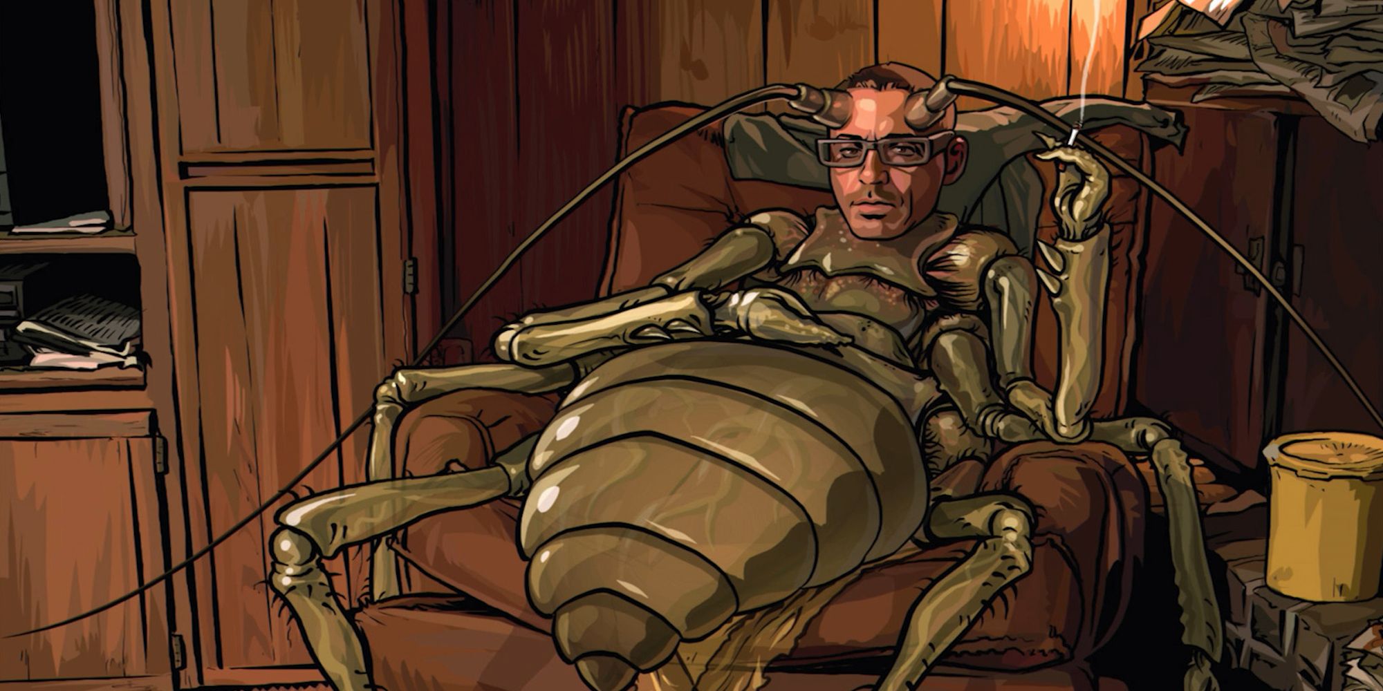 Robert Downey Jr as James Barrys as a giant cockroach sitting on a couch in A Scanner Darkly