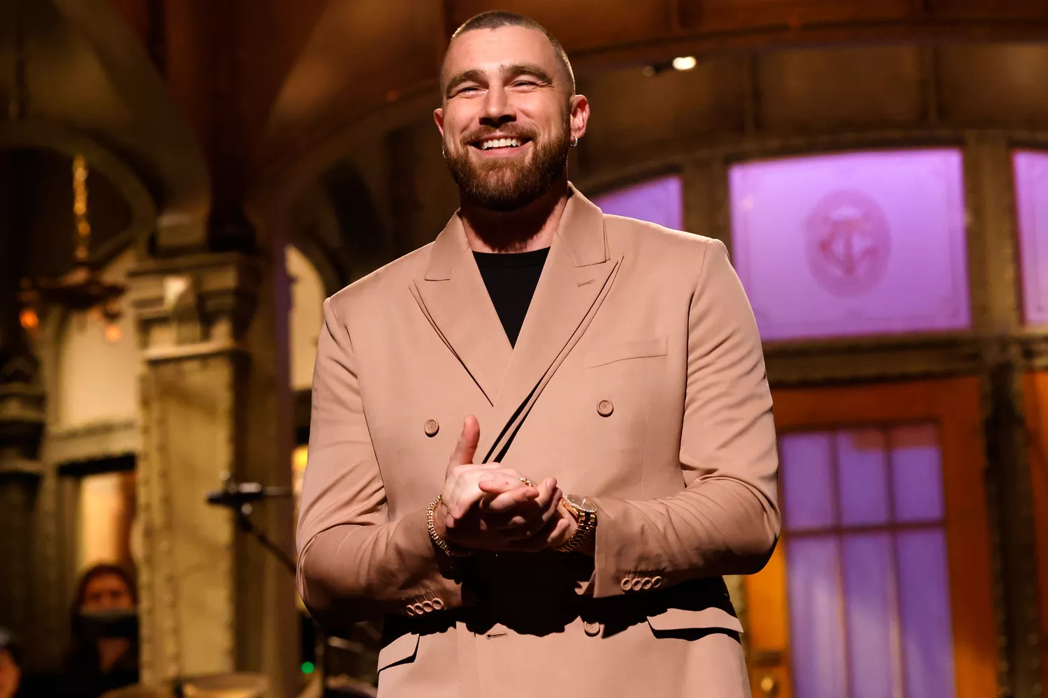 Travis Kelce, Kelsea Ballerini Episode 1840 -- Pictured: Host Travis Kelce during the Monologue on Saturday, March 4, 2023