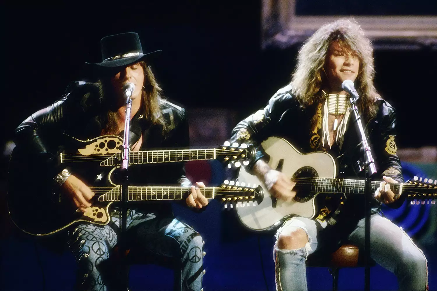 Jon Bon Jovi and Richie Sambora perform an acoustic version of "Wanted Dead Or Alive" at the 6th Annual MTV Video Music Awards at the Universal Amphitheatre on September 6 1989 in Los Angeles, California.