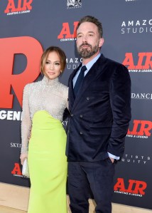 Jennifer Lopez and Ben Affleck at the World Premiere of "AIR" held at the Regency Village Theatre on March 27, 2023 in Los Angeles, California. (Photo by Gilbert Flores/Variety via Getty Images)