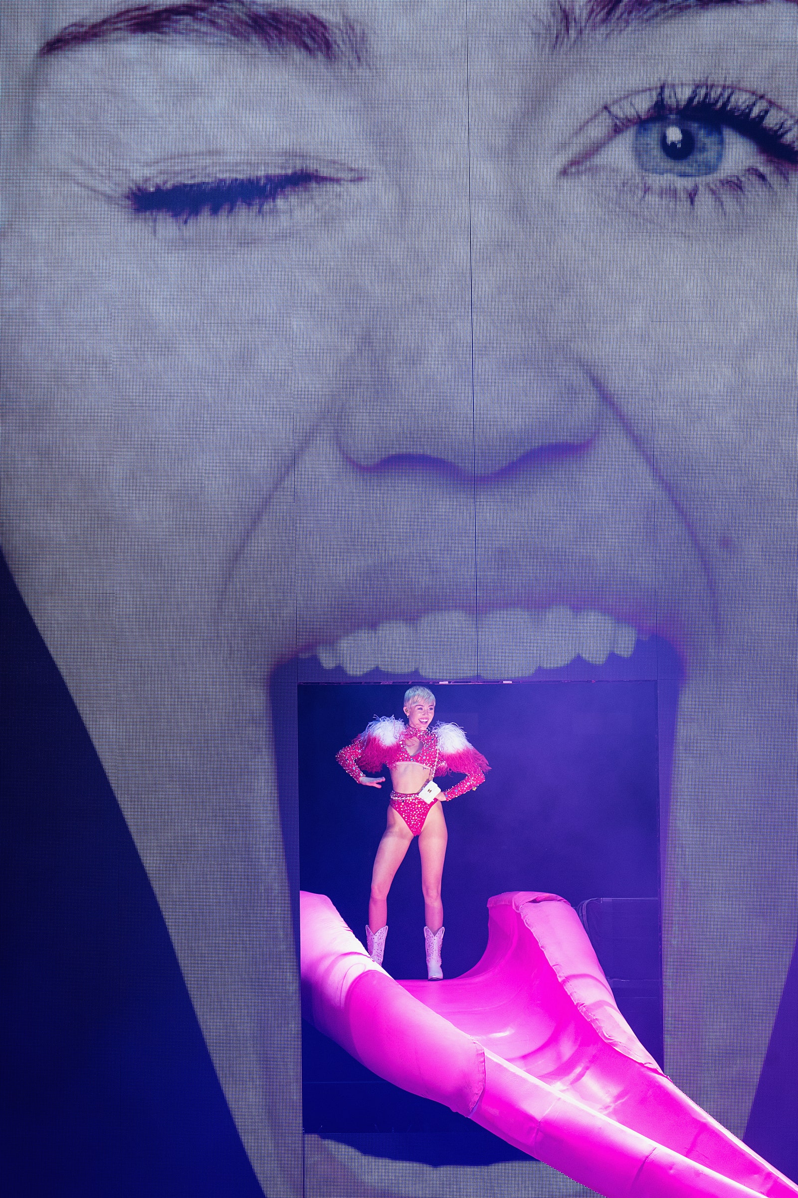 Miley Cyrus performs onstage during her Bangerz tour at the Tacoma Dome on February 16 2014.