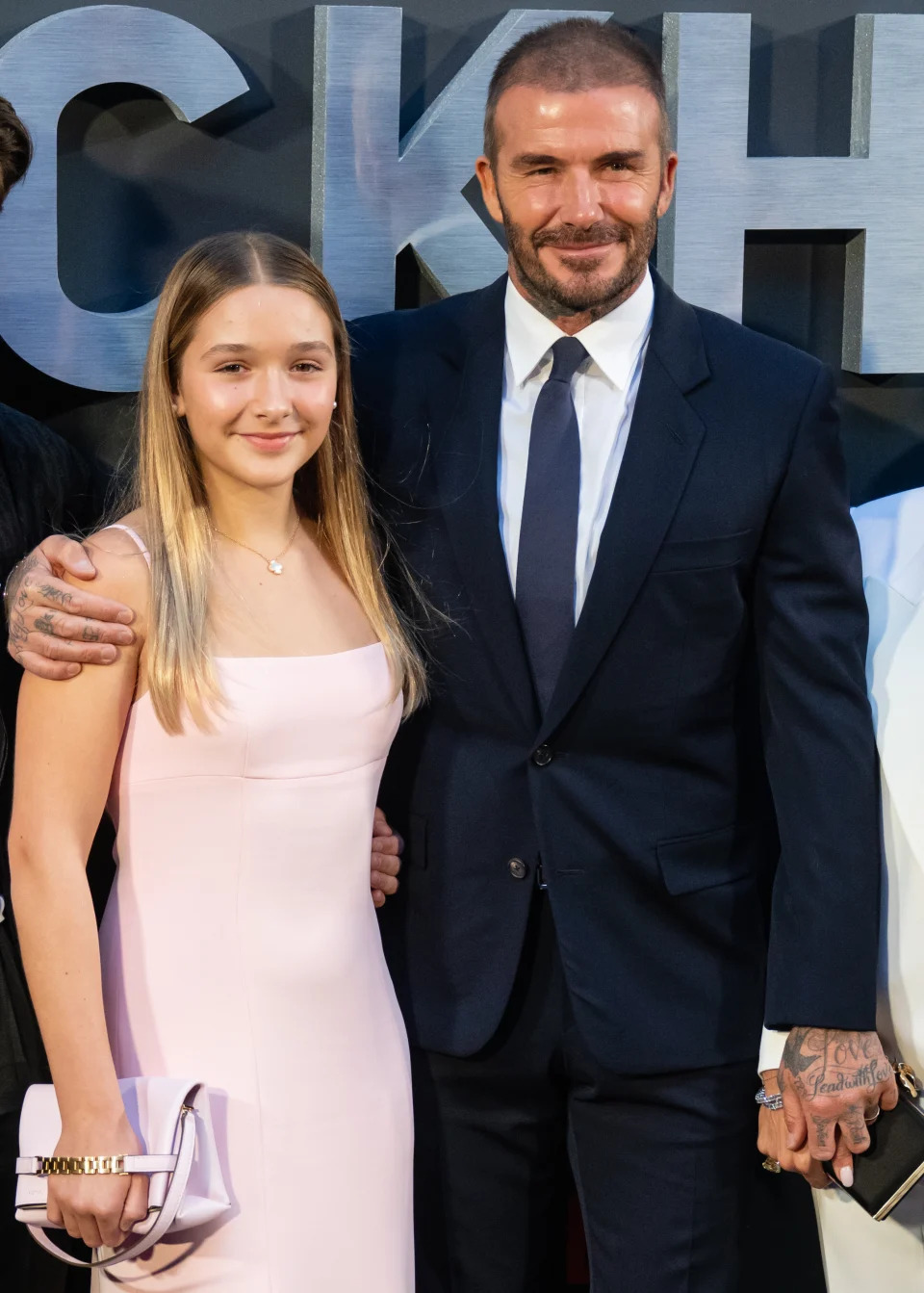 LONDON, ENGLAND - OCTOBER 03: (L-R) Harper Beckham and David Beckham attend the Netflix 'Beckham' UK Premiere at The Curzon Mayfair on October 03, 2023 in London, England. (Photo by Samir Hussein/WireImage)