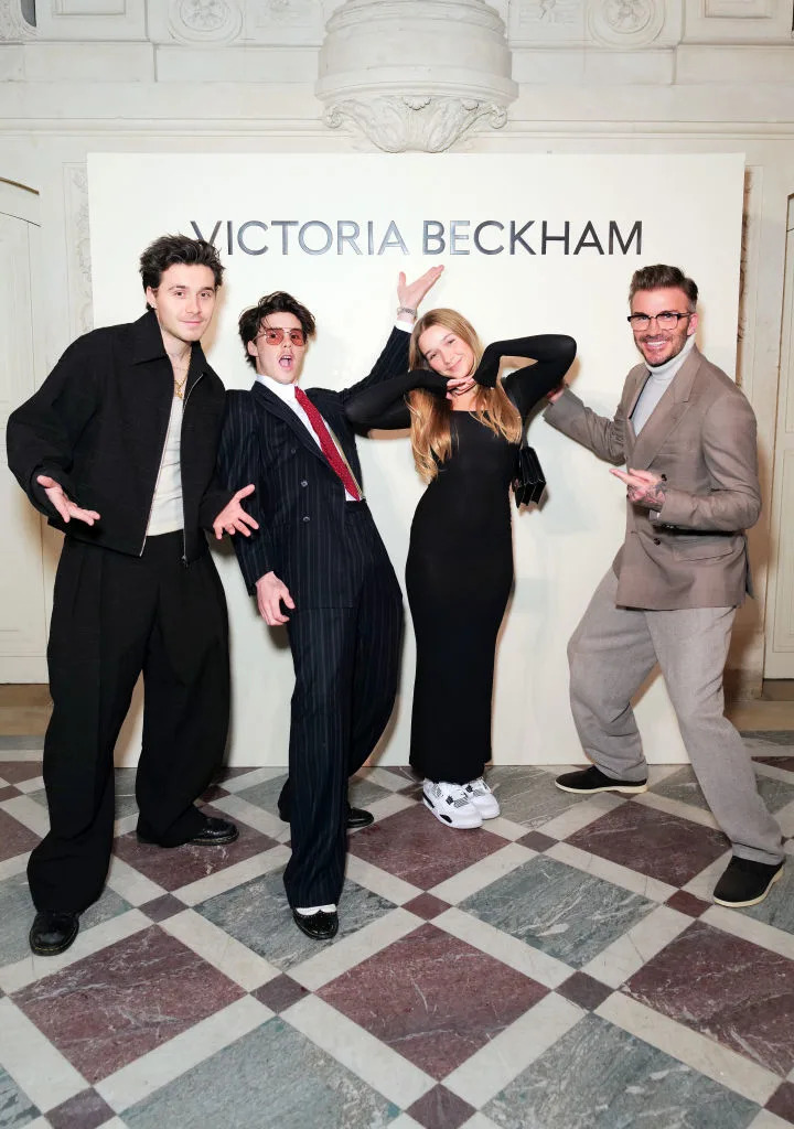 PARIS, FRANCE - MARCH 01: Brooklyn Beckham, Cruz Beckham, Harper Beckham and David Beckham arrive at the Victoria Beckham AW24 show during Paris Fashion Week on March 01, 2024 in Paris, France. (Photo by Darren Gerrish/WireImage for Victoria Beckham)