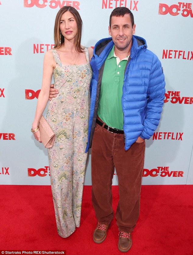 Streaming star: Adam's films Blended and The Cobbler did poor box office domestically so his Netflix deal made sense; he is pictured with wife Jackie on at The Do-Over premiere on May 16