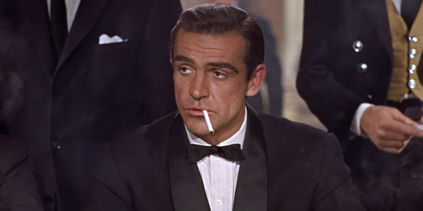 Sean Connery's James Bond with a cigarette between his lips.