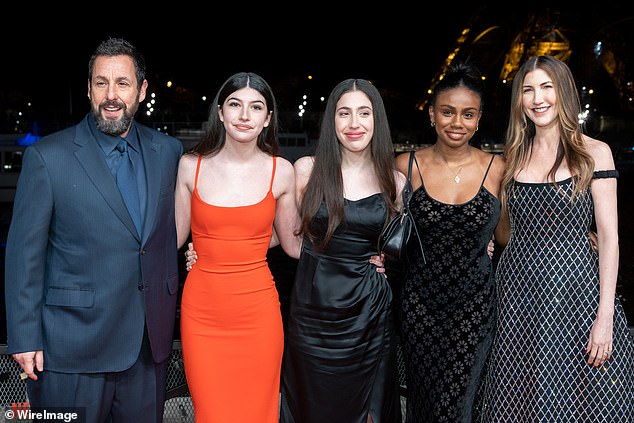 The sisters were in Paris for a photo call and screening of Adam's movie Murder Mystery 2 in March 2023; from left, Adam, Sunny, Sadie, guest and Jackie