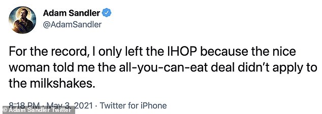 Nice lady: In response Sandler jokingly wrote on Twitter that it wasn't the wait that made him leave the restaurant, but the lack of all-you-can-eat choices