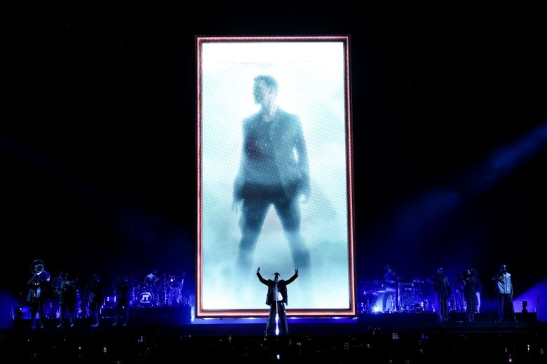 Justin Timberlake, shown at a Vancouver, B.C., show earlier this week, is in Seattle for two performances at Climate Pledge Arena. (Kevin Mazur / Getty Images for Live Nation)