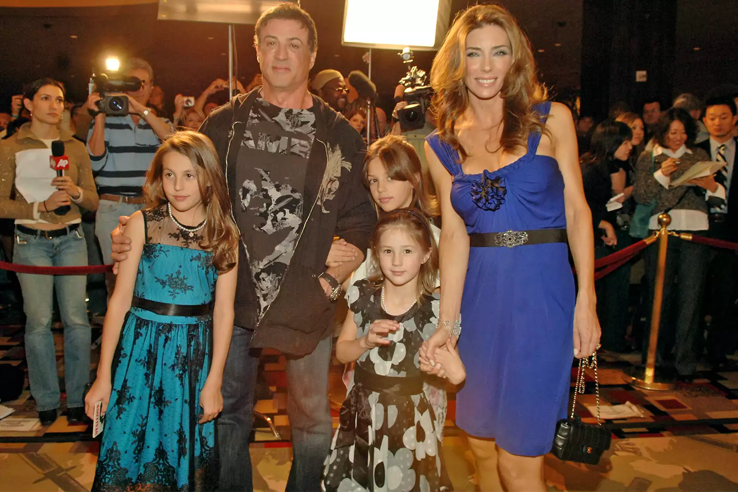 LAS VEGAS - JANUARY 24: Sophia Stallone, actor Sylvester Stallone, Sistine Stallone, Scarlet Stallone and model Jennifer Flavin arrive at the World Premiere of "Rambo" at The Planet Hollywood Resort & Casino on January 24, 2008 in Las Vegas, Nevada. (Photo by Denise Truscello/WireImage)