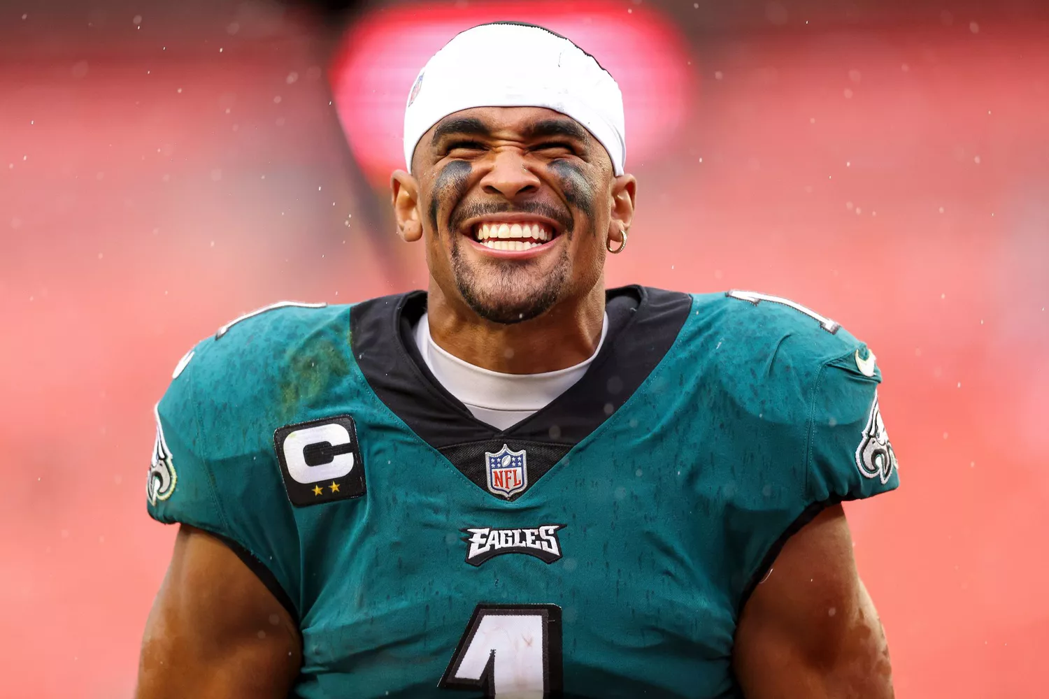 LANDOVER, MARYLAND - SEPTEMBER 25: Quarterback Jalen Hurts #1 of the Philadelphia Eagles reacts after his team's 24-8 win against the Washington Commanders at FedExField on September 25, 2022 in Landover, Maryland. (Photo by Patrick Smith/Getty Images)