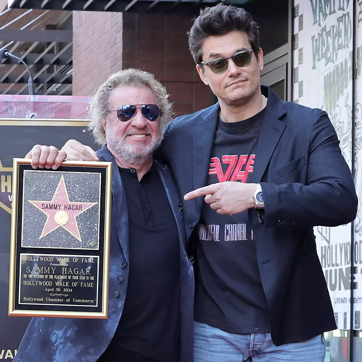 Sammy Hagar and John Mayer attend the Hollywood Walk of Fame Star Ceremony honoring Sammy Hagar on April 30, 2024 in Hollywood, California