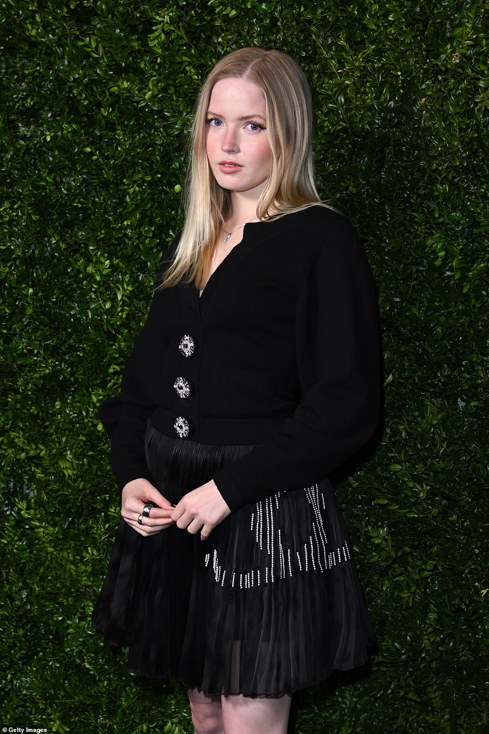 Statement: Ellie Bamber's frilly skirt had the Chanel emblem as its stand out feature