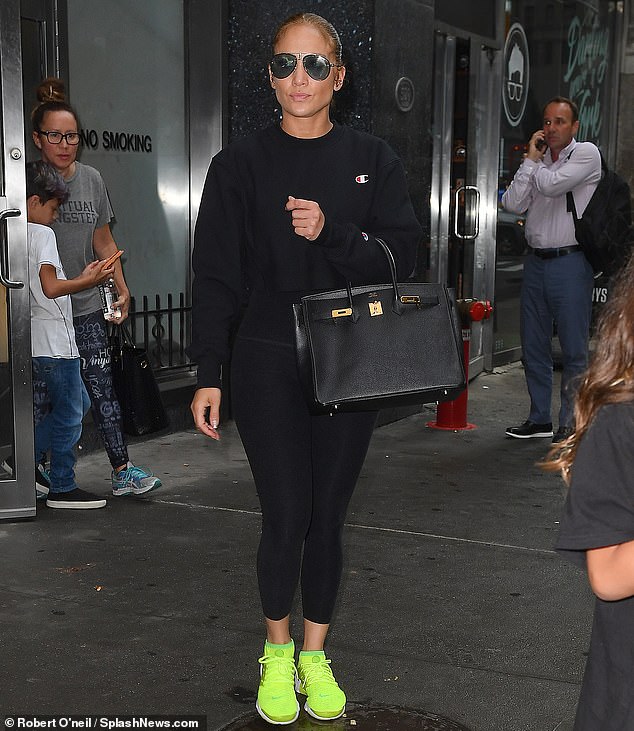 Working up a sweat! The actress worked hard at the gym while she was filming Hustlers (pictured in New York City in July, wearing a workout ensemble by Champion)