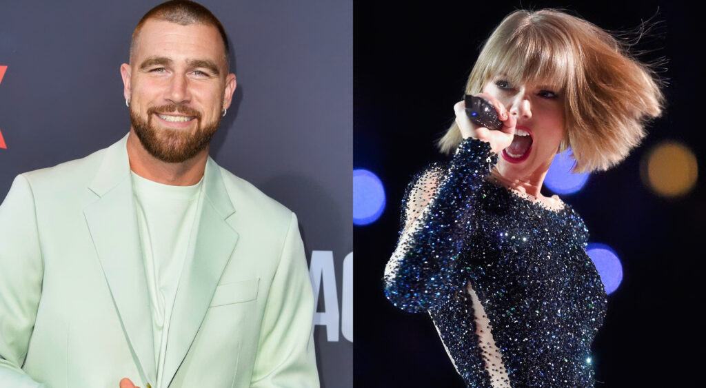 Photo of Travis Kelce smiling and photo of Taylor Swift singing