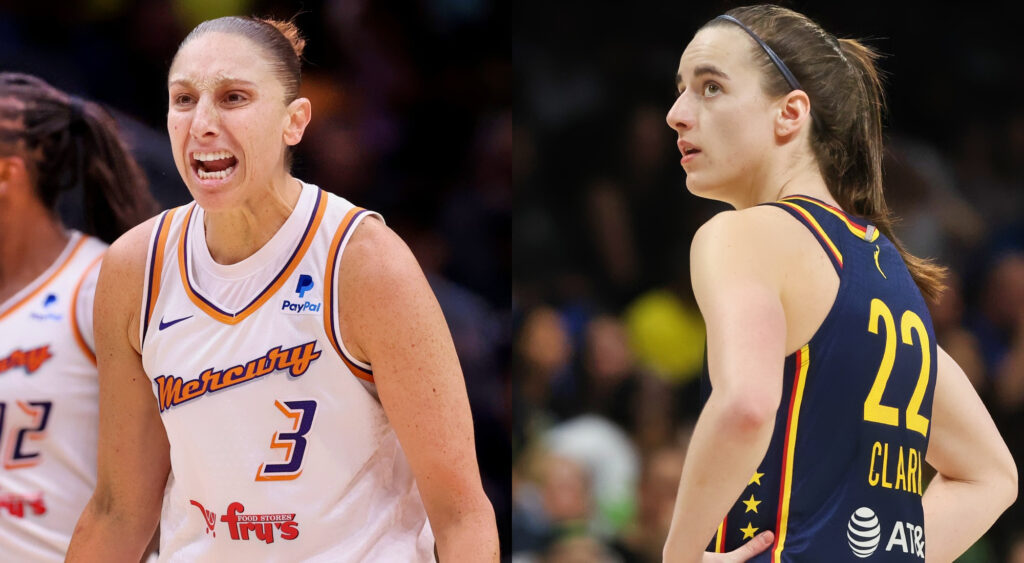 Photo of Diana Taurasi screaming and photo of Caitlin Clark with her hands on her waist