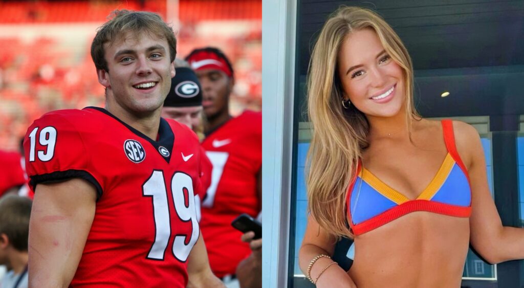 Brock Bowers with his helmet off during a game and Cameron Rose Newell in a bikini.