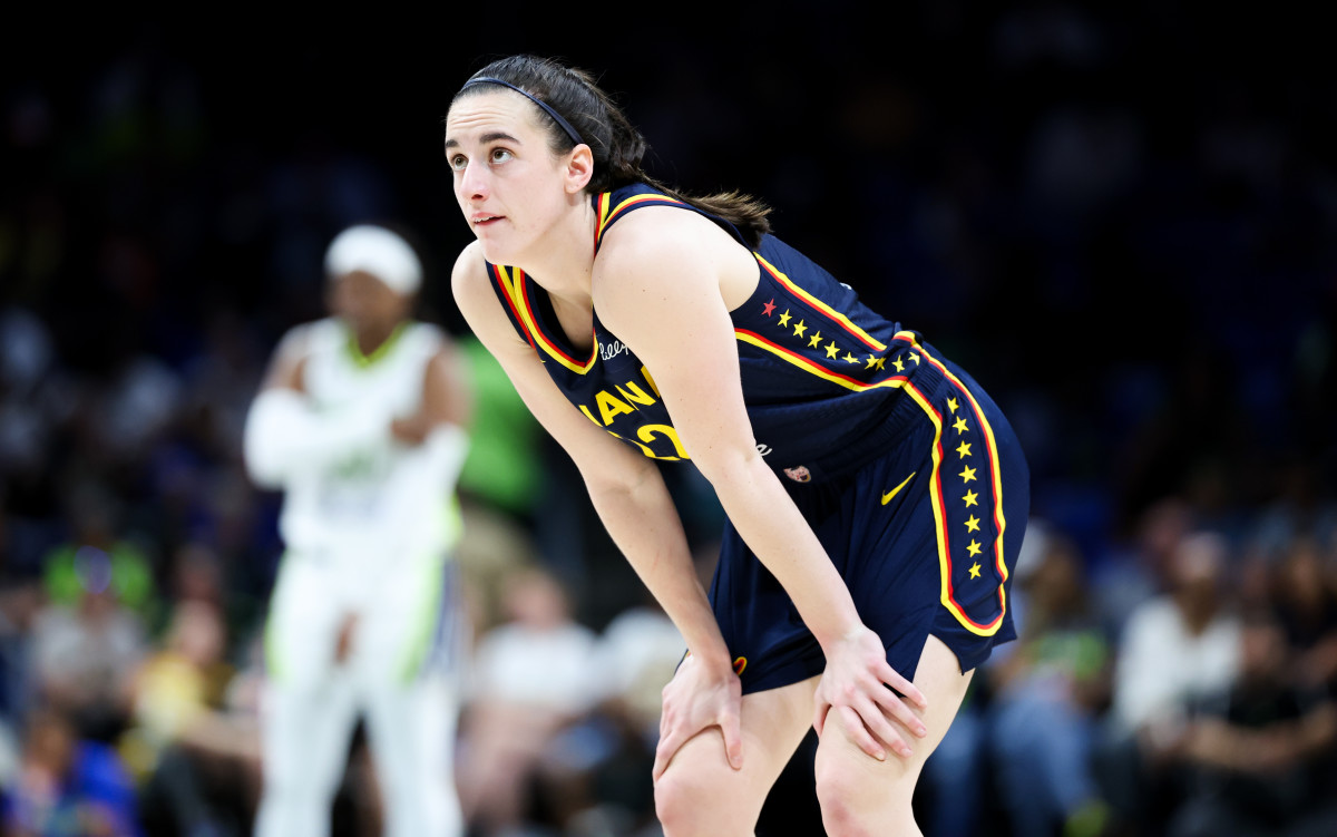 May 3, 2024; Dallas, Texas, USA; Indiana Fever guard Caitlin Clark (22) reacts during the second half against the Dallas Wings at College Park Center.