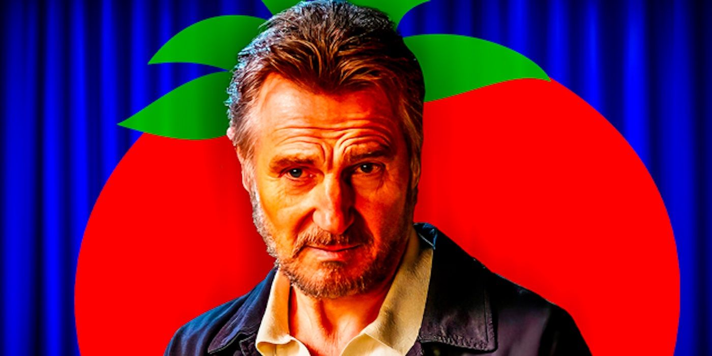 Liam Neeson's Robert from Made in Italy in front of the Rotten Tomatoes logo