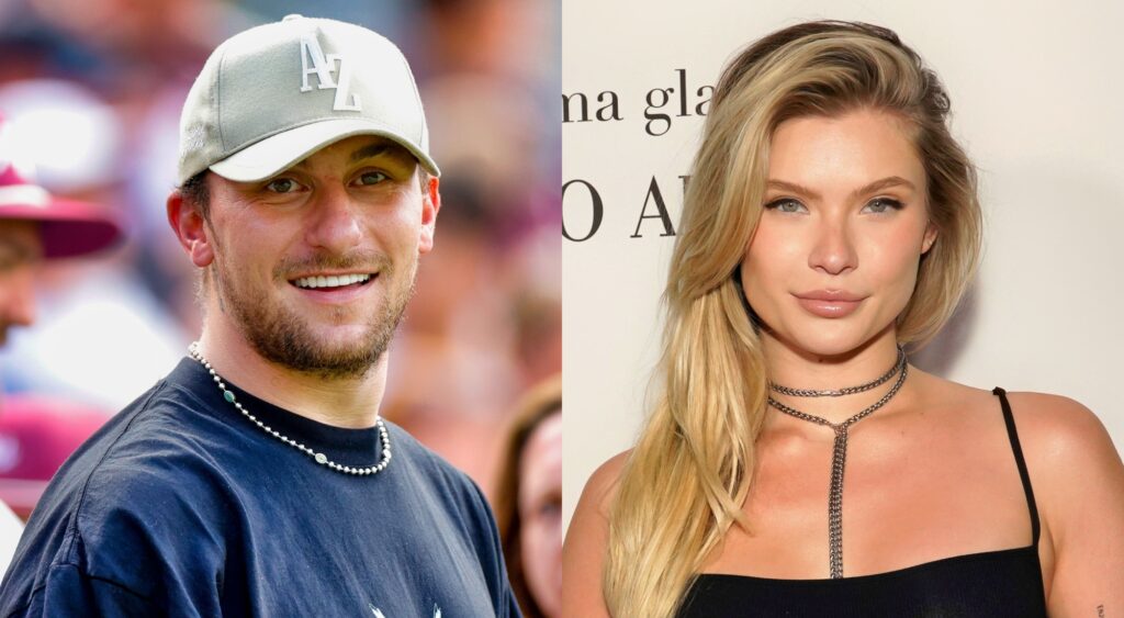 Johnny Manziel looks on in a baseball cap and Josie Canseco poses on the red carpet. 