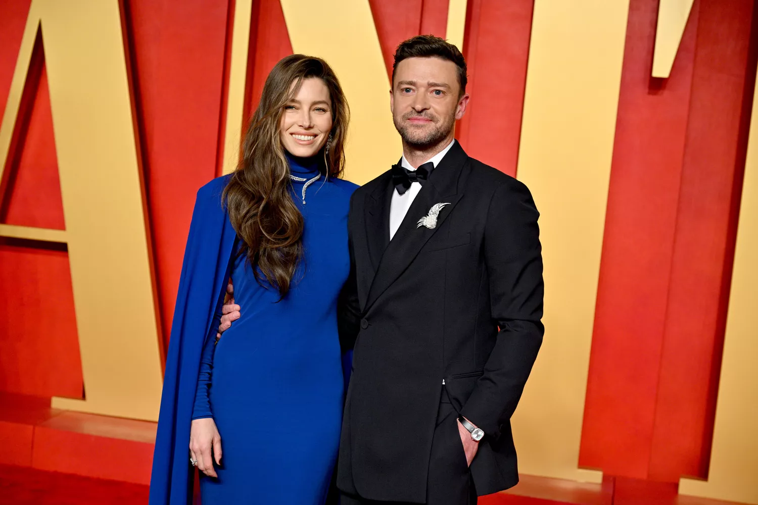 Justin Timberlake Arm Around Jessica Biel Blue Dress 2024 'Vanity Fair' Oscars After-Party