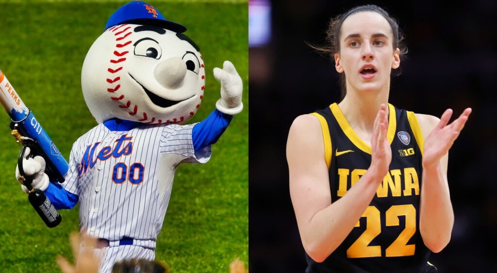 New York Mets mascot Mr. Met and Caitlin Clark