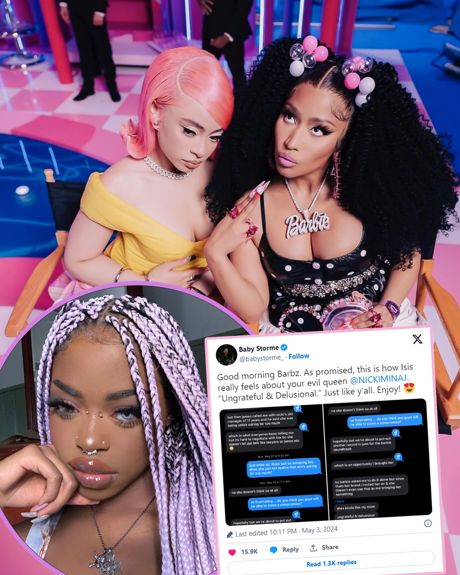 Nicki Minaj is described as "delusional" in purported texts by Ice Spice, according to Baby Storme.