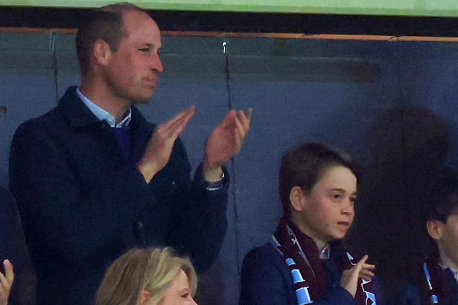 Prince William, Prince of Wales and Prince George of Wales look on alongside Tyrone Mings of Aston Villa during the UEFA Europa Conference League 2023/24 Quarter-final first leg match between Aston Villa and Lille OSC at Villa Park on April 11, 2024 in Birmingham, England.