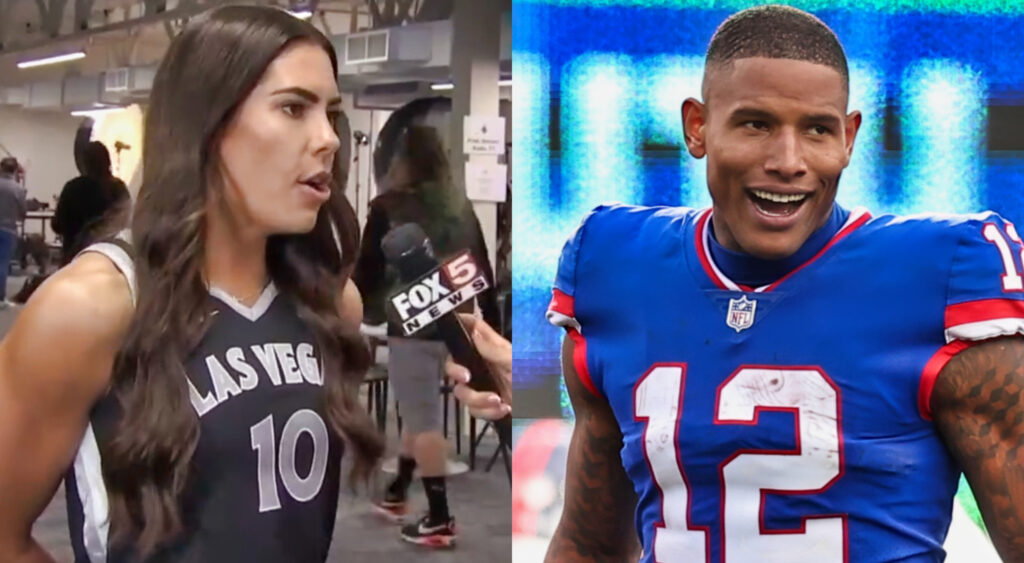 Photo of Kelsey Plum speaking and photo of Darren Waller smiling