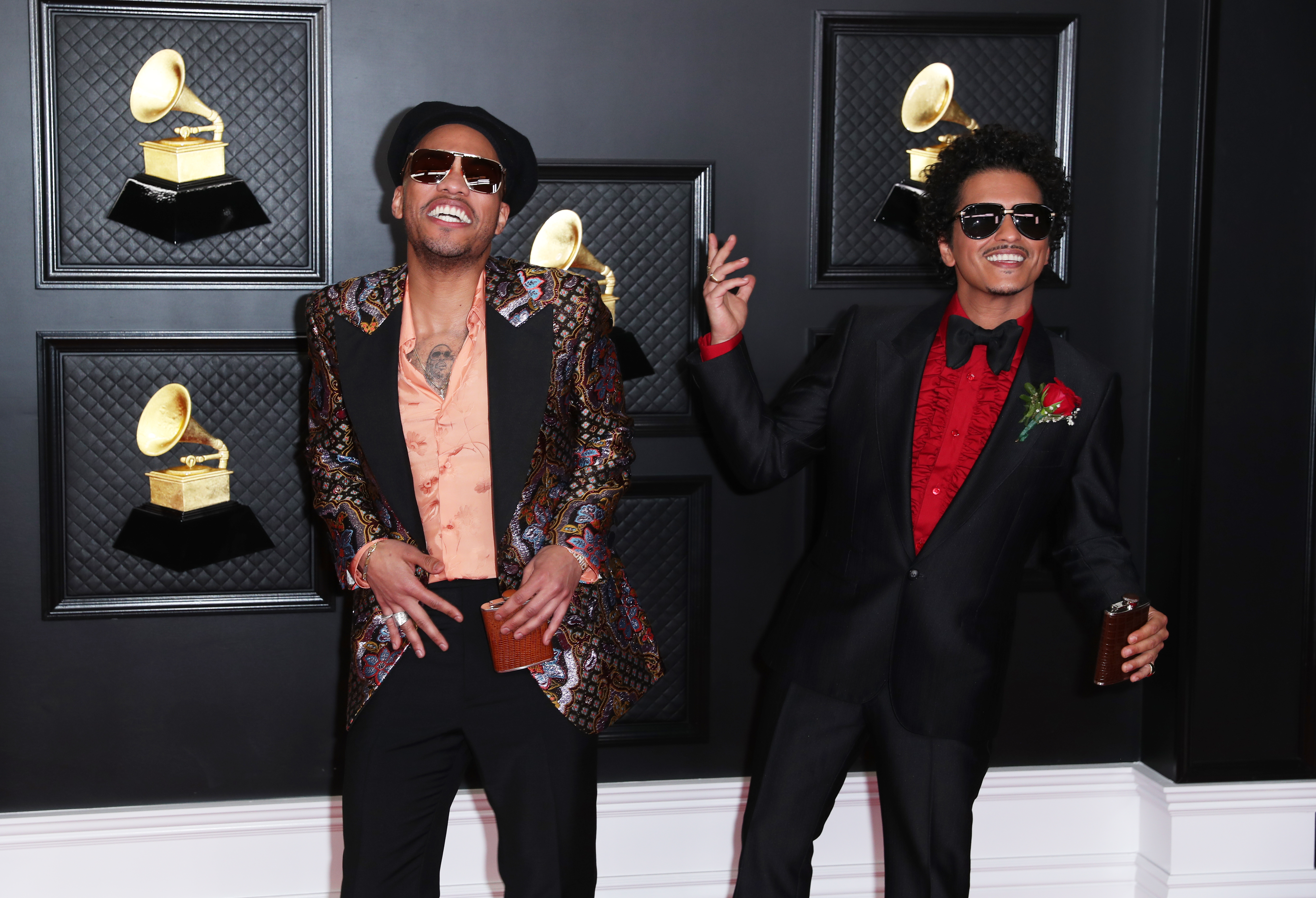 Anderson.Paak and Bruno Mars on the red carpet at the 63rd Annual Grammy Awards, at the Los Angeles Convention Center, in Los Angeles, CA, Mar. 14, 2021